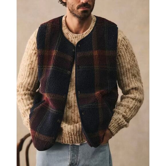 Octobre Doran Tartan Marine Bordeaux Plaid Fleece Vest M NEW Navy Red Jacket - Picture 1 of 6